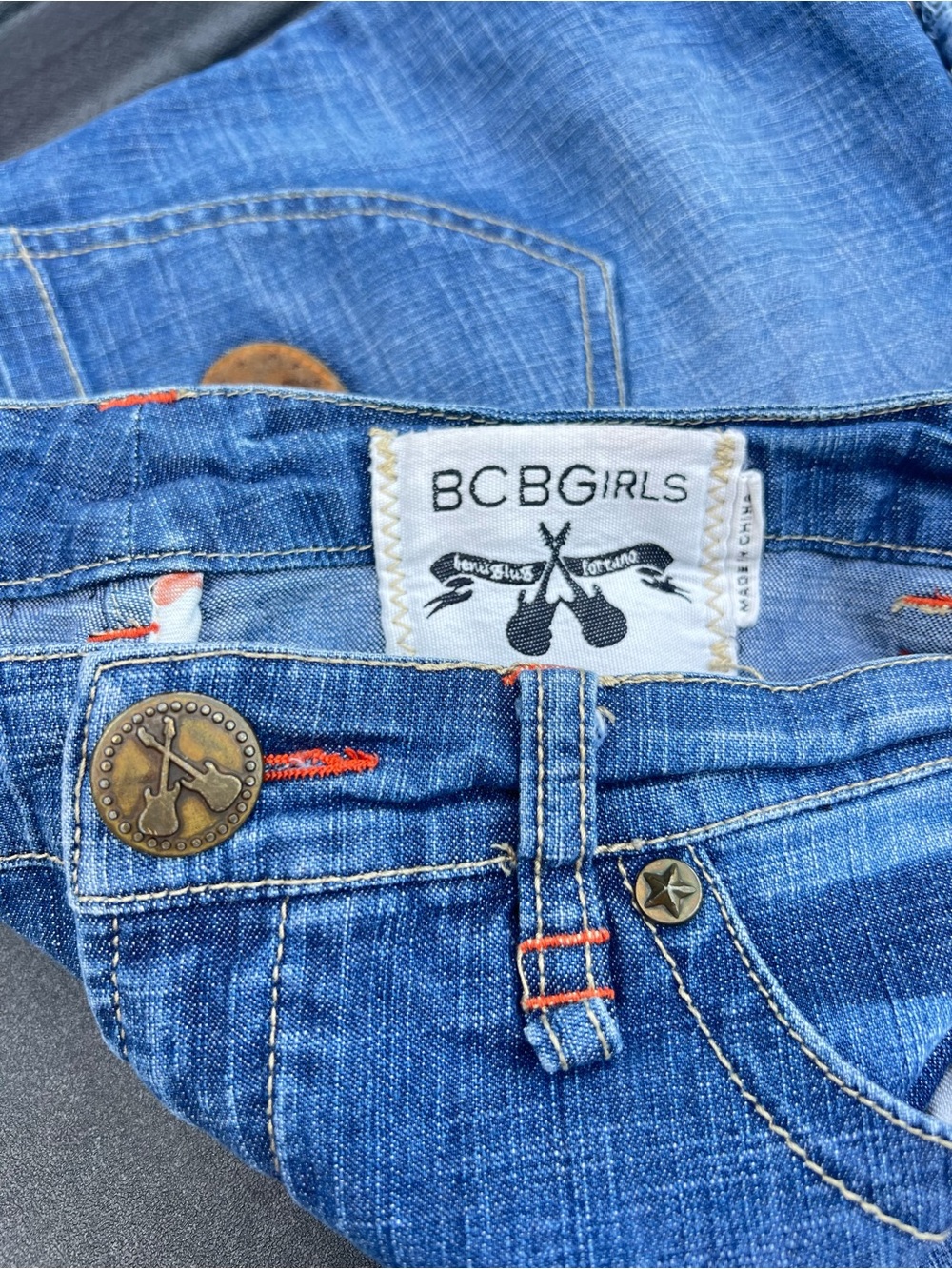 Vintage BCBGirls Blue Denim Mini Skirt Guitar Star Button Detail Size 28